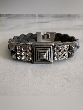 Retired Lia Sophia "Confidant" Gray Braided Leather & Crystal Bracelet B954
